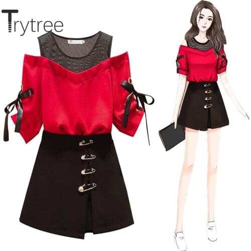 Trytree Summer Women Two Piece Set Casual O-neck Patchwork Mesh Ribbons Bow Tops + Mini Skirt Pin Solid Fashion Set 2 Piece Set