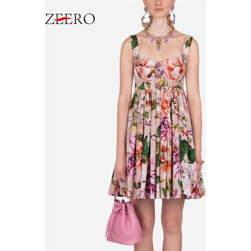 Summer Women Petal Buttons Floral Print Runway Sexy Spaghetti Stap Beach Dress Elegant Mini Pleated Cotton Party Dresses Vestido