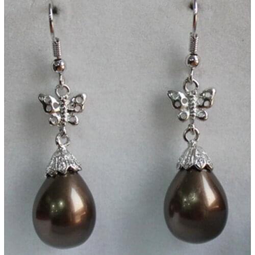 Fashion style metal silver plated butterfly accessories 12x16mm dark brown water drop Shell Pearl Earrings