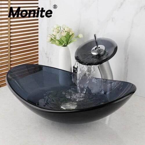 Monite Black Transparent Glass Bathroom Mixer Basin Washbasin Brass Faucet Set Oval Washroom Basin Vessel Vanity Sink w/ Drain
