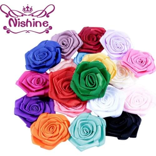Nishine 100pcs 2" Flatback Artifical Satin Flower Girls Handmade Ribbon Rose Flower for Headband Hair Clips Accessories