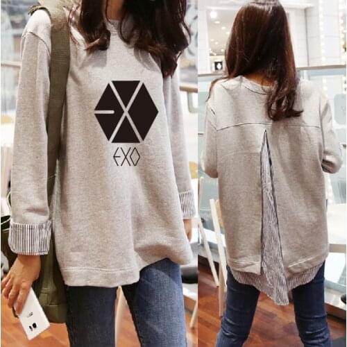 Kpop EXO 2021 korean autumn new striped fake two-piece warm hoodies women streetwear loose sweatshirts female Harajuku clothes