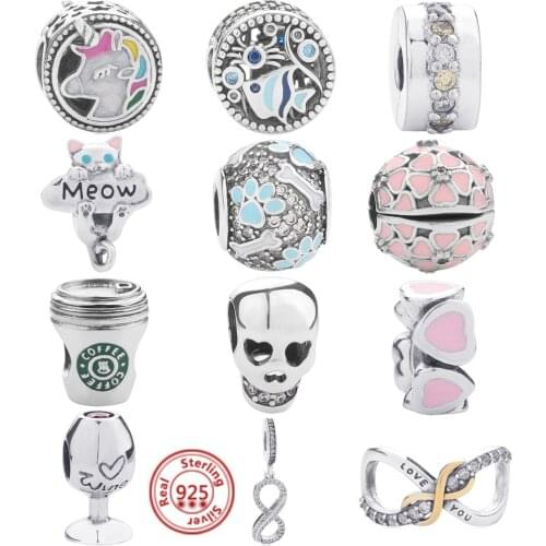 New 925 Sterling Silver Horse Fish Cat Flower Cup Skeleton Bead Dangle Charms Fit Original Pandora Bracelets Women DIY Jewelry
