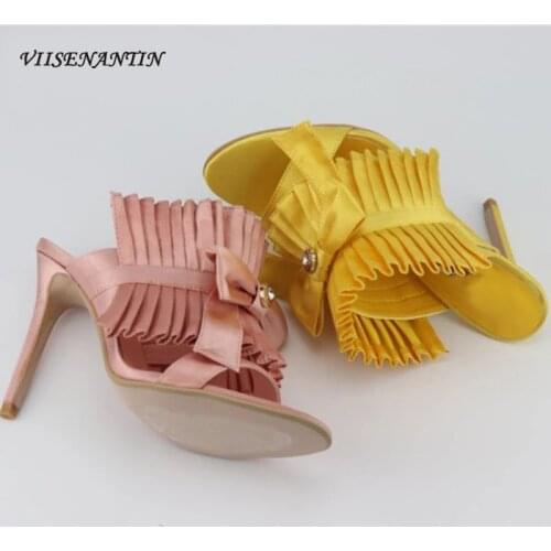 Crystal bow folds slippers spring and summer stiletto fashion show high heel sandals and slippers women