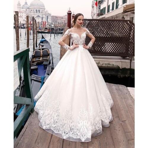 Wedding Dress Ball Gown Sheer Neck Illusion Tulle Full Sleeve Lace Appliques Sequined Button Floor Length Sweep Train Bride Robe