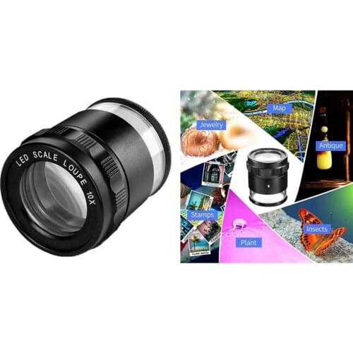 LED Scale Loupe 10X Illuminated Desktop Magnifier Metal Detachable Reticle Coated Optical Glass Lens Focus Adjustable