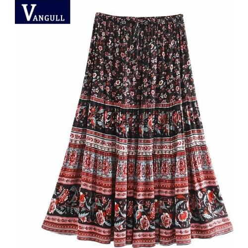 Vangull Vintage chic Hippie women floral peacock printed High Elastic Waist beach Bohemian skirt ladies Midi A-Line Boho skirt