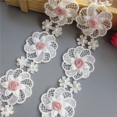 1 yard 3D Pearl Pink Flowers Embroidered Lace Trim Ribbon Patches Applique Fabric DIY Wedding Dress Sewing Supplies Craft 5cm