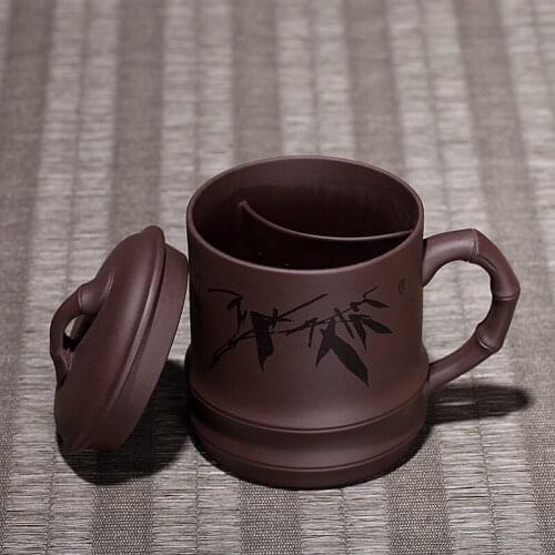 Yixing purple sand cup really pure tea filter by hand carved bamboo bulkhead promotion cup lid cup big tea cup