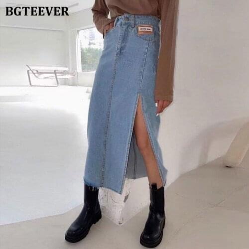 BGTEEVER Elegant High Waist Straight Women Denim Skirts 2021 Summer Fashion Side Split Ladies Tassel Bodycon Skirts