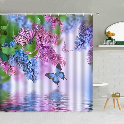 Flower Butterfly Green Leaf Shower Curtain Rose Sunflower Black White Stripes Fabric Bathroom Home Supplies With Hook Decoration
