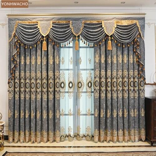 Custom curtains Luxury American living room chenille shading villa blue cloth blackout curtain valance tulle drape C871