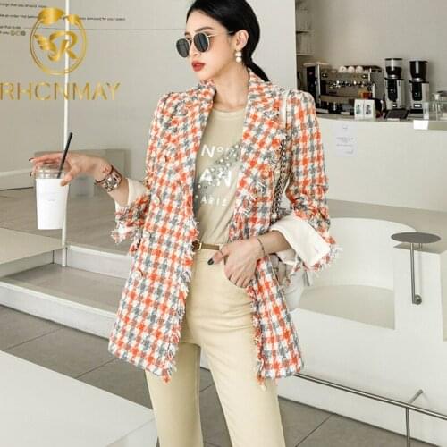 Women Autumn Fashion Double Breasted Plaid Jacket 2020 Vintage Turn Down Collar Tweed Streetwear Outwear Jackets Coat