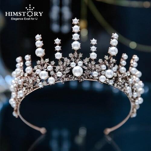 HIMSTORY Retro Bronze Womens Tiaras Vintage Baroque Bride Crowns Pearl Wedding Bridal Hair Accessories Headband Jewelry Accessories