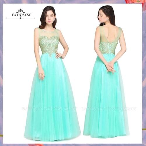 FATAPAESE Summer Mint Green Evening Dresses lllusion Sweetheart Long O-Neck Gold Lace Formal Party Gowns Backless robe de soiree