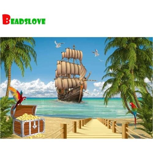 Canvas 5d diy Diamond Embroidery Full Square/Round Coconut tree Seaside sea boat Art Diamond Paintings Fast Delivery