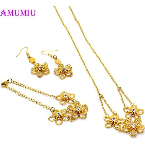 AMUMIU 2019 Flower Gold Rhinestone Fashion jewelry sets for women 316L Stainless Steel Necklace Earring Bracelet Set JS104