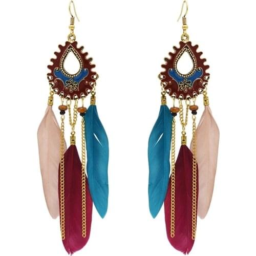 Bohemian Vintage Colorful Feather Pendant Tassels Drop Dangle Earrings Unique Indian Hook tassel Earring Gift Beach Jewelry