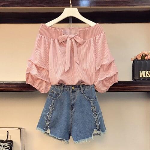 Large size Summer New Off Shoulder Loose Half Lantern Sleeve Solid Cute Blouse Jean Shorts Two-Piece Outfit Casual Sets