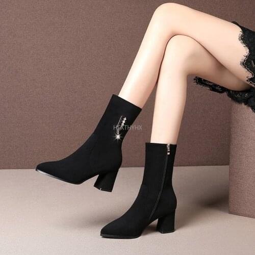 Size 34-39 Womens Boots Spring Autumn Female Mid-Calf Martin Botas Zipper High Heels Shoes Mujer Round Toe Chelsea Booties