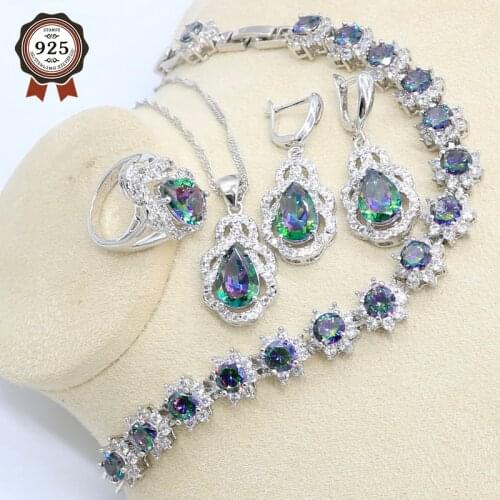 Rainbow Zircon Silver Color Jewelry Set for Women Bracelet Earring Necklace Pendant Ring Gift Box