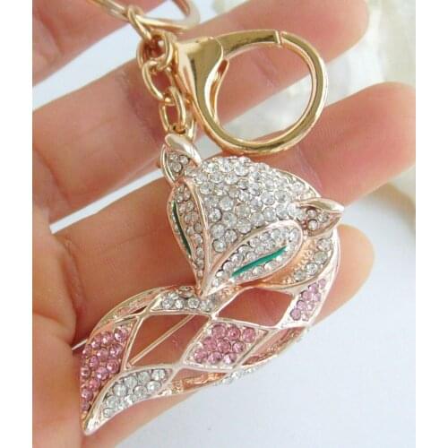 Lovely Animal Fox Keychain Pendant Pink Clear Rhinestone Crystal K06347C3