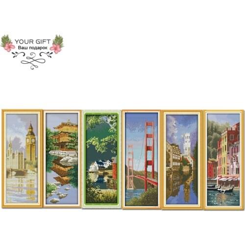 Joy Sunday F375F591F592F593F594F595 Italian Portofino UK Big Ben Bruges US Golden Gate Bridge Norway Japan Garden Cross Stitch