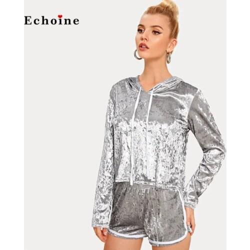 Two Piece Set Women Velvet Suits Sweatshirt Tops Hooded Neck Long Sleeve Tracksuit Street Lady Short Pants Daily Comfy Clothing