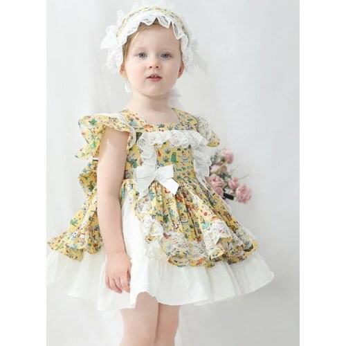 2PCS Spanish New Lolita Princess Dress Lace Stitching Print Sweet cute ball gown birthday party Easter dress for girls Y3492