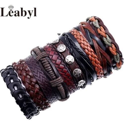 10 PCS/SET Leabyl Classic Handmade DIY Multilayer Vintage Bracelet Set Simple Leather Strap Punk Men Bracelet Jewelry Casual
