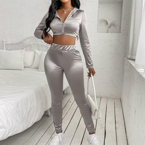 Fashion PU Crop Top Slim Solid Womens Tracksuit Zippers Long Sleeve Coat Tops And Pencil Pants Ladies Matching Sets 2021 Casual