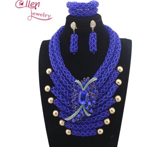 New African beads jewelry sets Handmade Vintage Royal Blue Crystal Nigerian wedding bridal Beads Necklace Jewelry Set W14035
