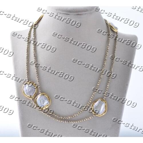 Z11245 35" 23mm White Coin Gold-plating Pearl Hematite Bead Necklace Woman Fashion Jewelry