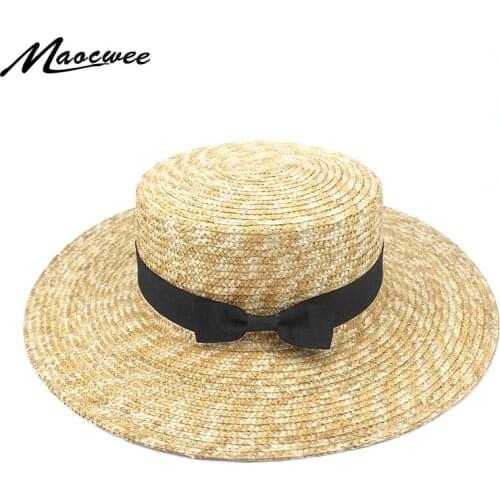 New summer ladies beach sun hat flat hat Womens wide side sun hat hood fashion wild bow woven casual hat