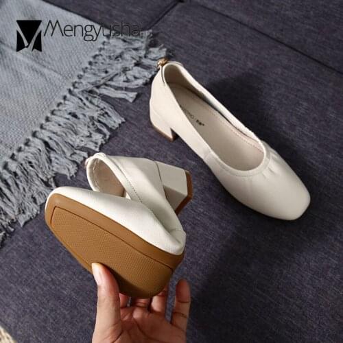Pleated Square toe mary janes genuine leather grandma shoes women thick heels slip on loafers woman solid soft cowhide flats2020