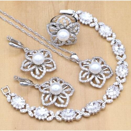 Flower Shaped Silver 925 Jewelry Sets White Pearl With CZ Stones Decoration For Women Earrings/Pendant/Ring/Bracelet/Necklace