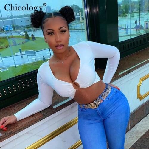 Chicology V Neck Ring Circle Design Crop Top T-Shirt Long Sleeve Sexy Short Tshirt Women 2020 Autumn Winter Clothes Streetwear