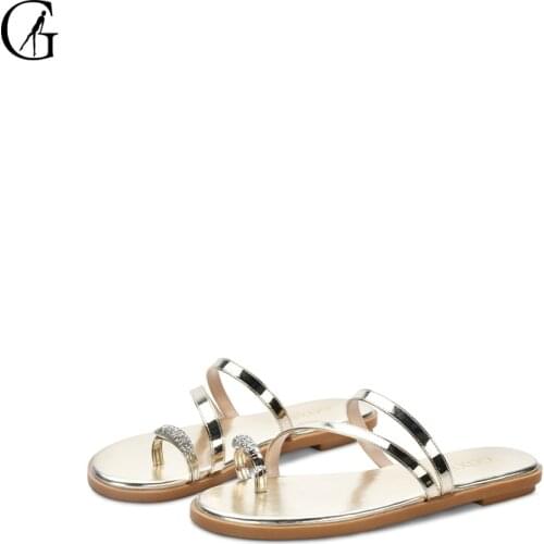 GOXEOU Womens Slippers PU Bright Gold Silver Round Toe Fashion Casual Comfortable Flat-soled Sandals Fashion Lady Size 32-42