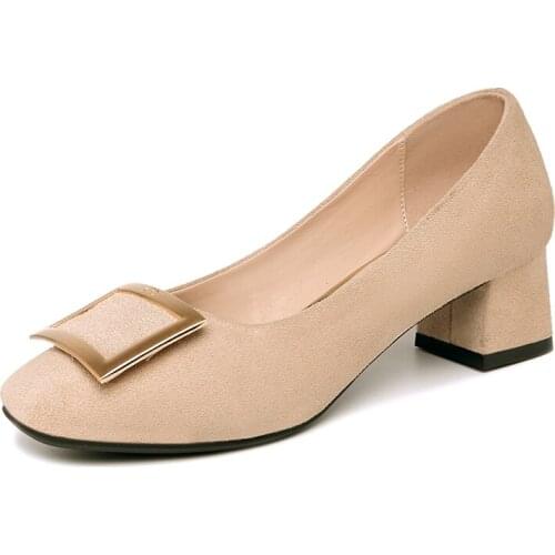 Autumn Classic Pumps Plus Size Woman Kid Suede Leather High Heels Square Toe Med Square Heel Office Lady Work Shoes M0058