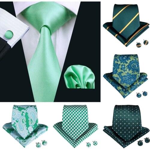 2019 DiBanGu Luxury Green Gift Tie for Men 100% Silk Mens Neck Tie Clip Hanky Cufflinks Tie Suit Business Wedding Party Tie Set