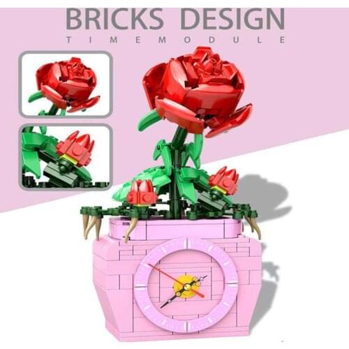 227pcs New Product Rose Flower Building Block Home Decoration Clock Model Assembly Building Block Childrens Toy Birthday Gift