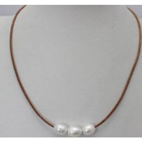Free shipping 3 beads Primary color Genuine Leather white Freshwater Pearl Necklace 17"Beauty