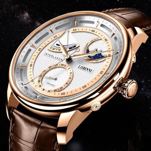 Moon phase Lobinni Watch Men Luxury Brand Mechanical Automatic Wristwatch Mens Sapphire Male Watches Water Resistant Mens Clock