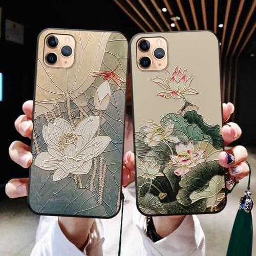 Lotus Flower Bloom Magpie Bird Embossed Cover for iPhone 11 12 Pro Max XS Max XR 8 7 6S Plus Soft Silicone Case Tassel Ornaments