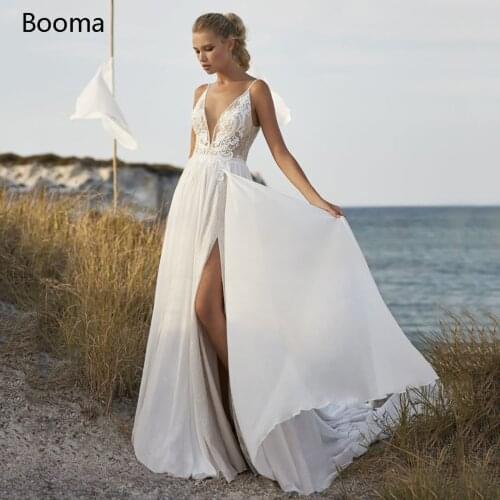 Deep V-Neck Boho Beach Wedding Dresses Spaghetti Straps High Split Chiffon Bride Dress Backless Lace Appliques Long Bridal Gowns