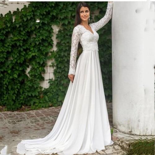 Elegant Lace Wedding Dress V-Neck Long Sleeves 2021 Floor Length Sweep Train Zipper Simple Women A-line Robe De Mariee Customize