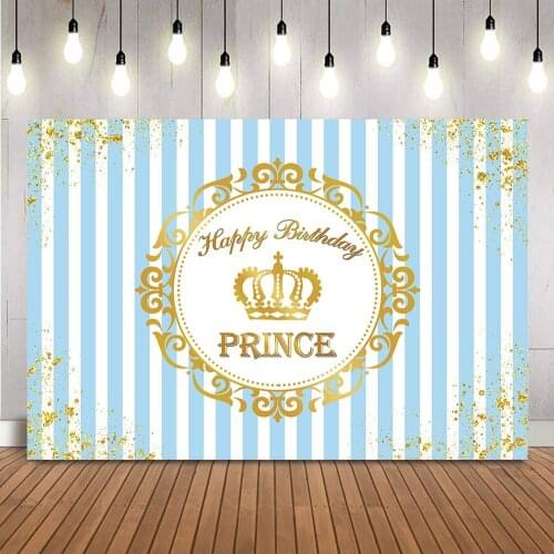 Prince Birthday Backdrop Blue and White Stripes Happy Birthday Party Decoration Banner Boy Gold Dots Photo Background Photocall