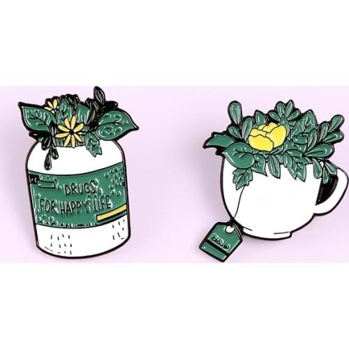 Potted Plant Enamel Pins DRUGS FOR HAPPY LIFE Badge Brooch Denim Colthes Bags Fashion Jewelry Gifts For Friends