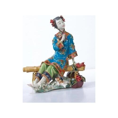 Classic lady Shiwan doll Porcelain Chinese living room Bogu frame porch club tea girl Beauty figure Sculpture statue Home