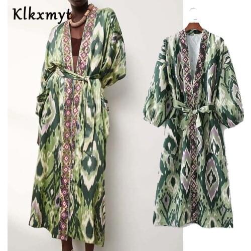 Klkxmyt Za 2021 Summer Dress Women Fashion Floral Printed Kimono Midi Dress With Belt Office Casual Lady Elegant Party Vestidos